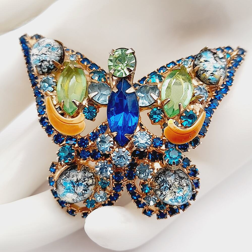 Vintage Rhinestone Butterfly Brooch Blue Green Art Glass Glow
